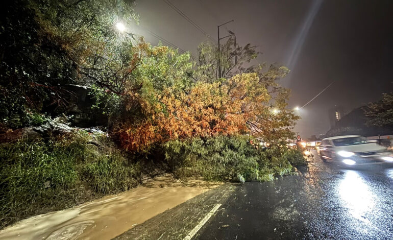 Deslave sobre avenida Constitución, frente a obra del metro en Miravalle