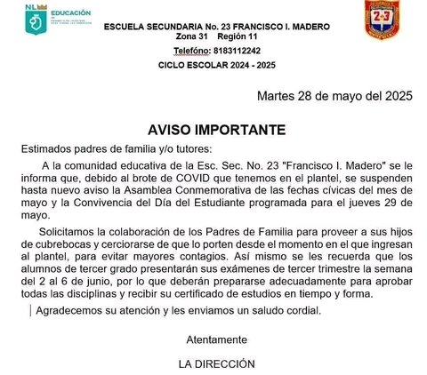 Reportan brote de Covid en secundaria de Monterrey