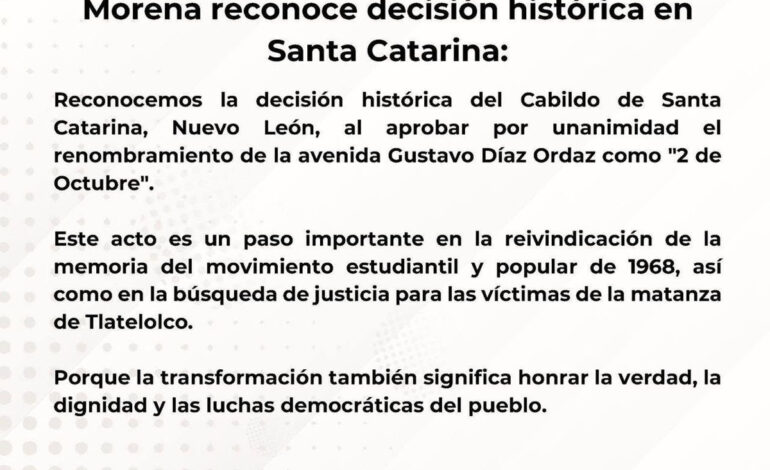 Apoya MORENA cambio de nombre a la avenida Díaz Ordaz por 2 de Octubre