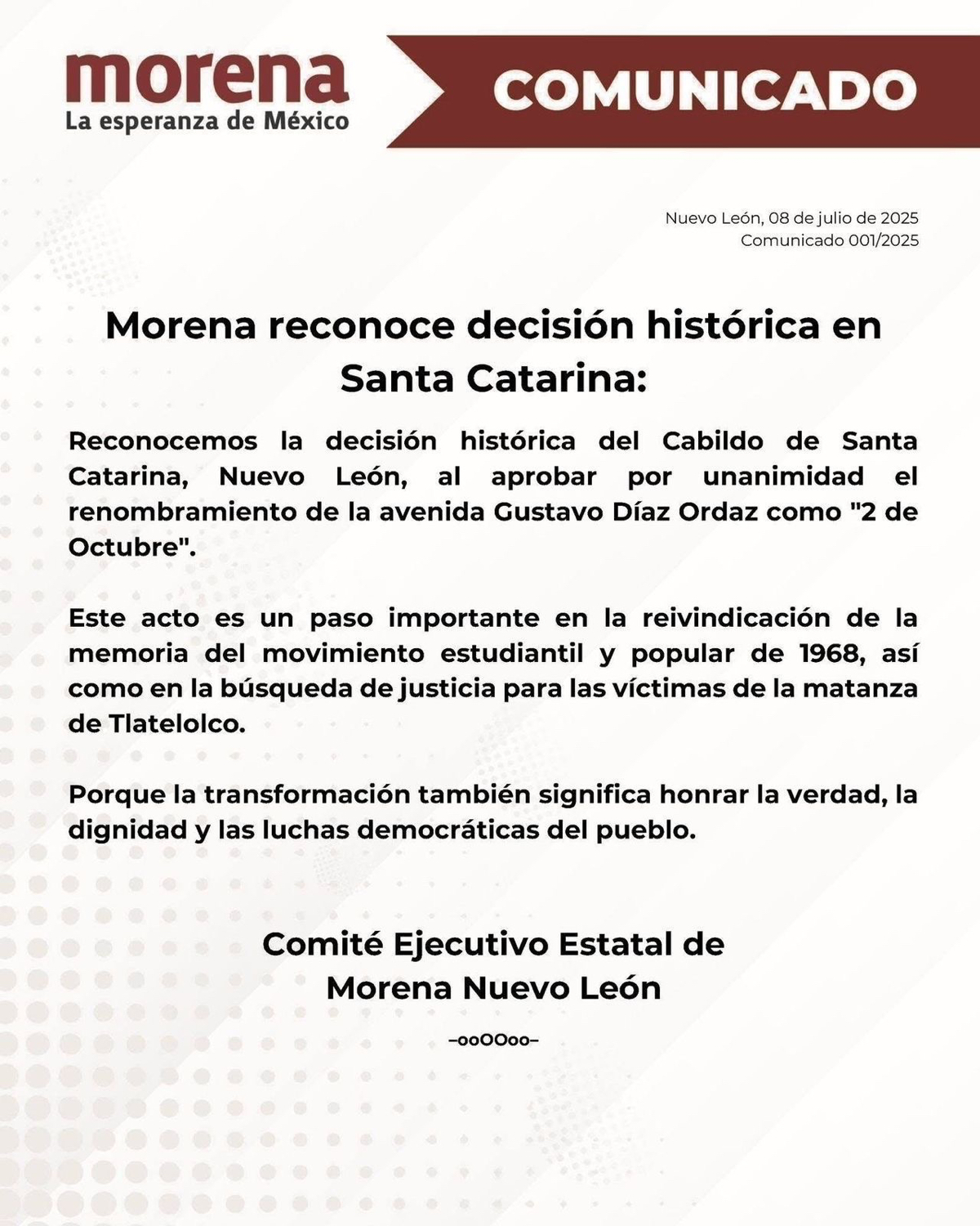 Apoya MORENA cambio de nombre a la avenida Díaz Ordaz por 2 de Octubre