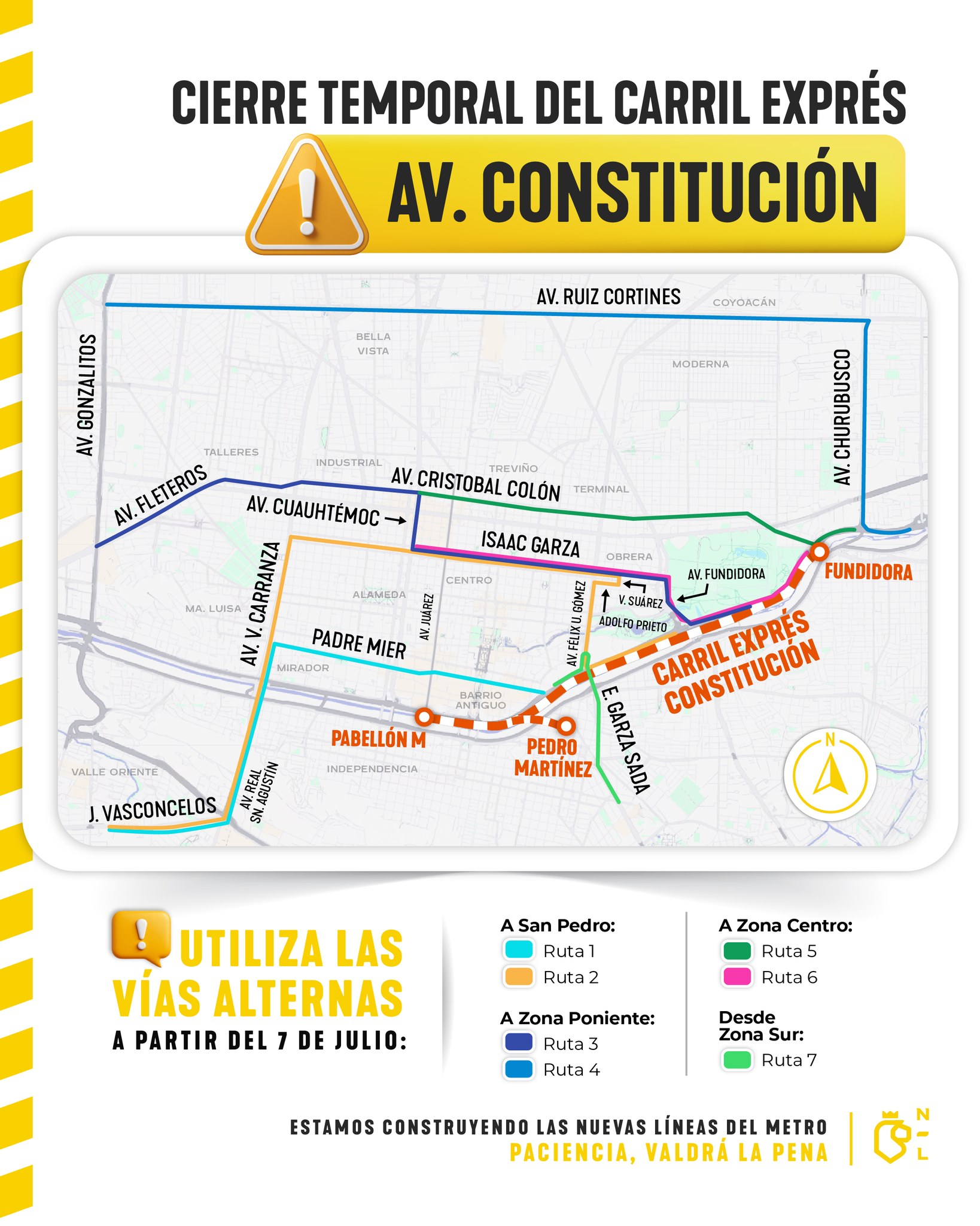 Anuncian cierres en carril exprés de Constitución por avances en obras de Líneas 4 y 6 del Metro