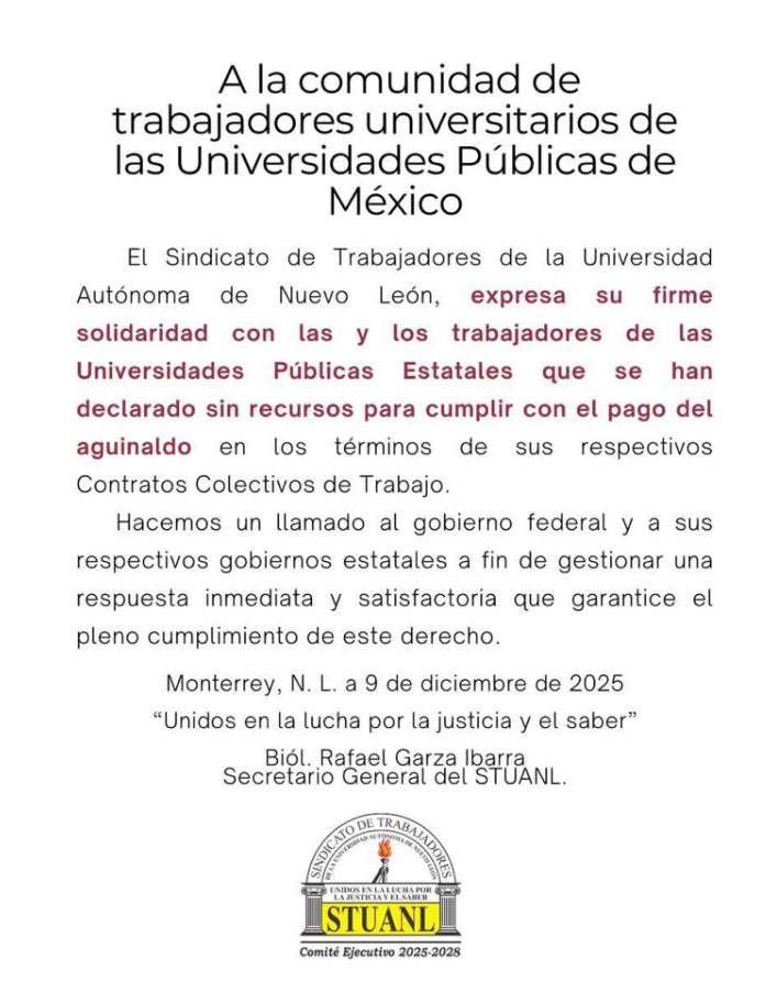 Sindicato de la UANL llama al gobierno federal a brindar apoyo a universidades que no pueden pagar aguinaldo