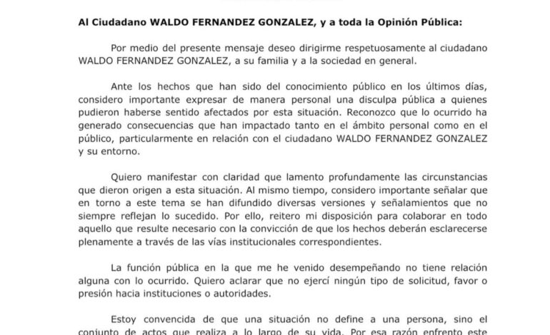 En vía de se liberada, Karina Barrón se disculpa públicamente con Waldo