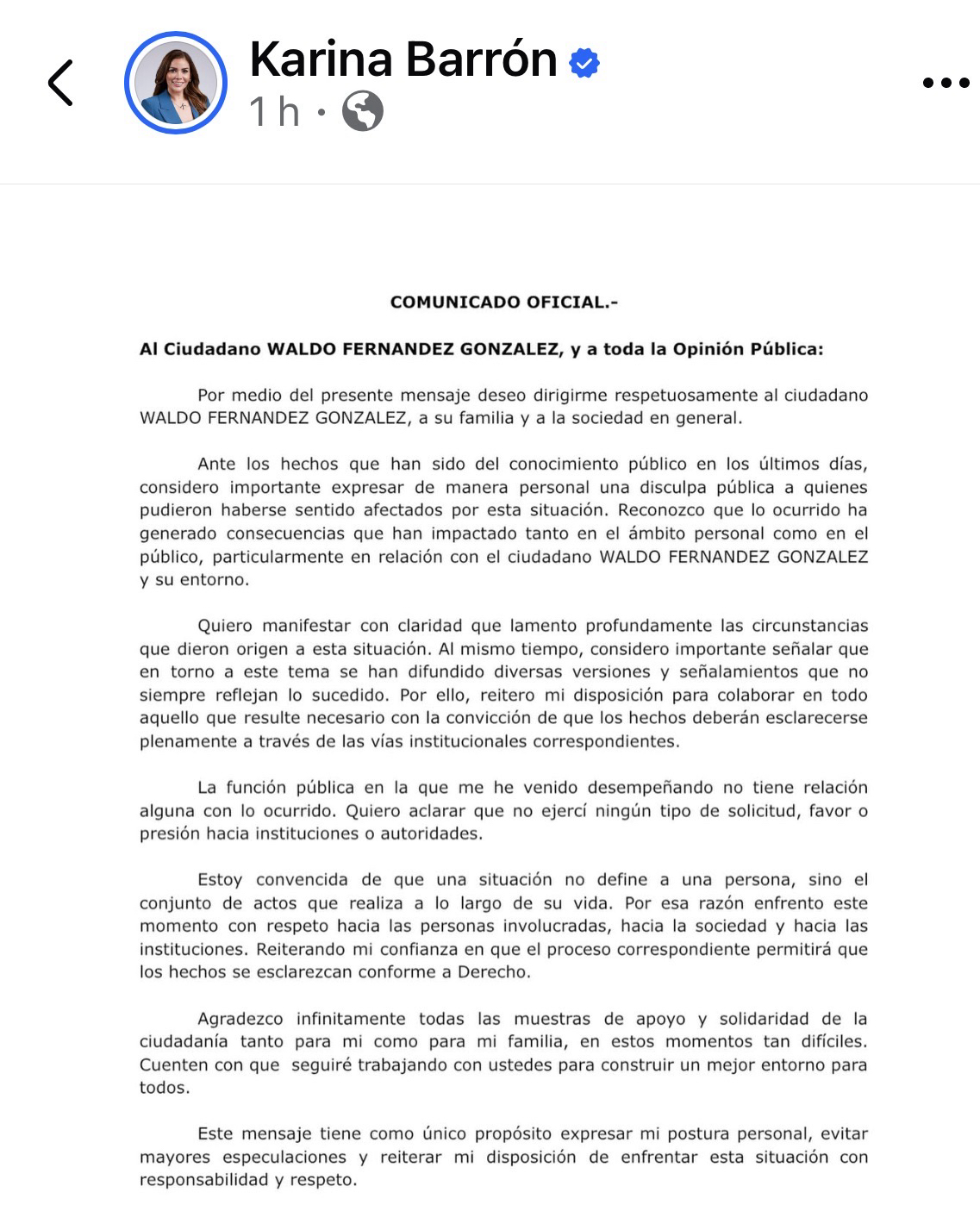 En vía de se liberada, Karina Barrón se disculpa públicamente con Waldo