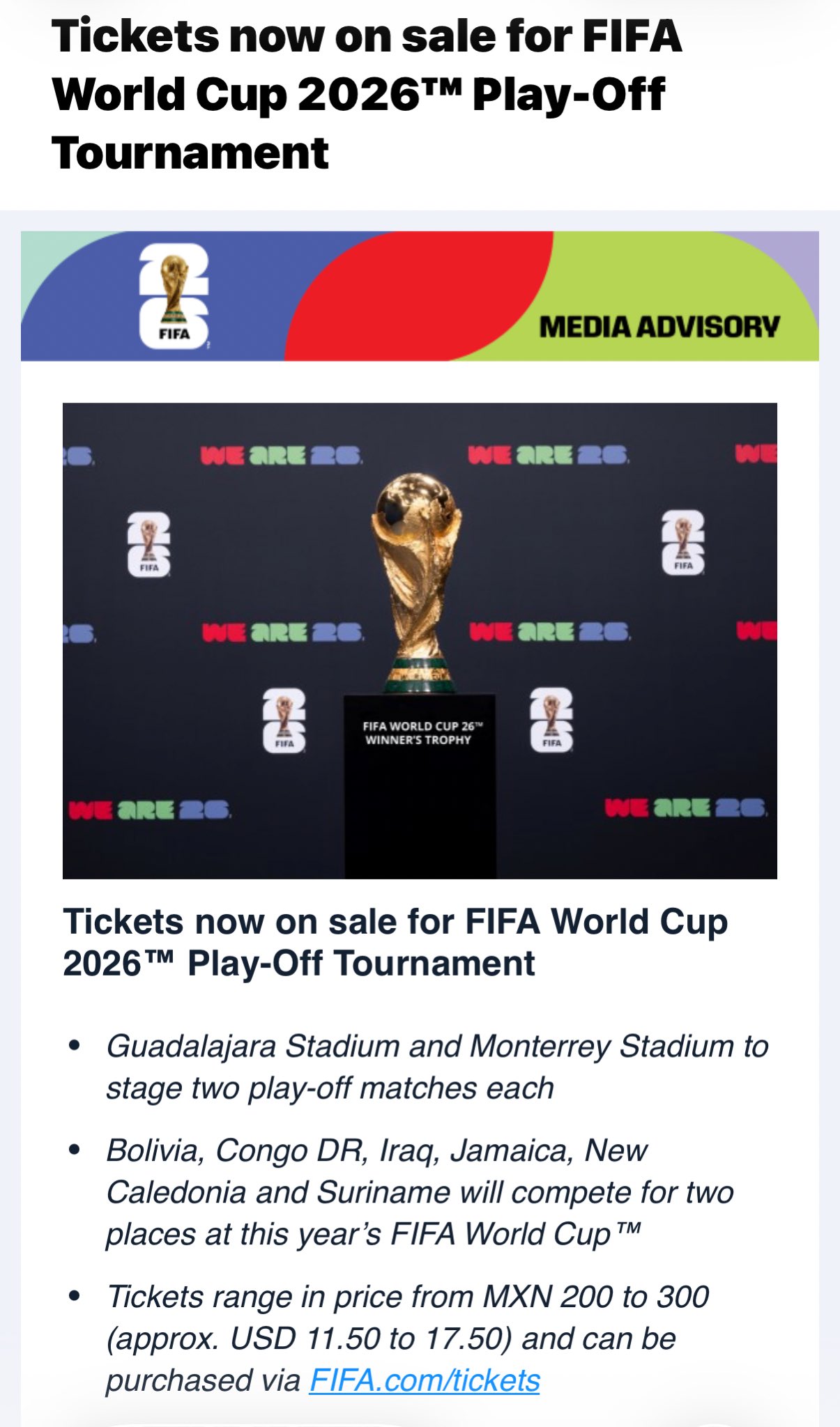 Inicia FIFA venta de boletos de los partidos del repechaje en Guadalajara y Monterrey