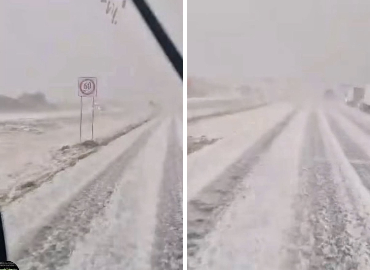 Tremenda granizada viste de blanco la Carretera hacia Matehuala a la altura de Doctor Arroyo