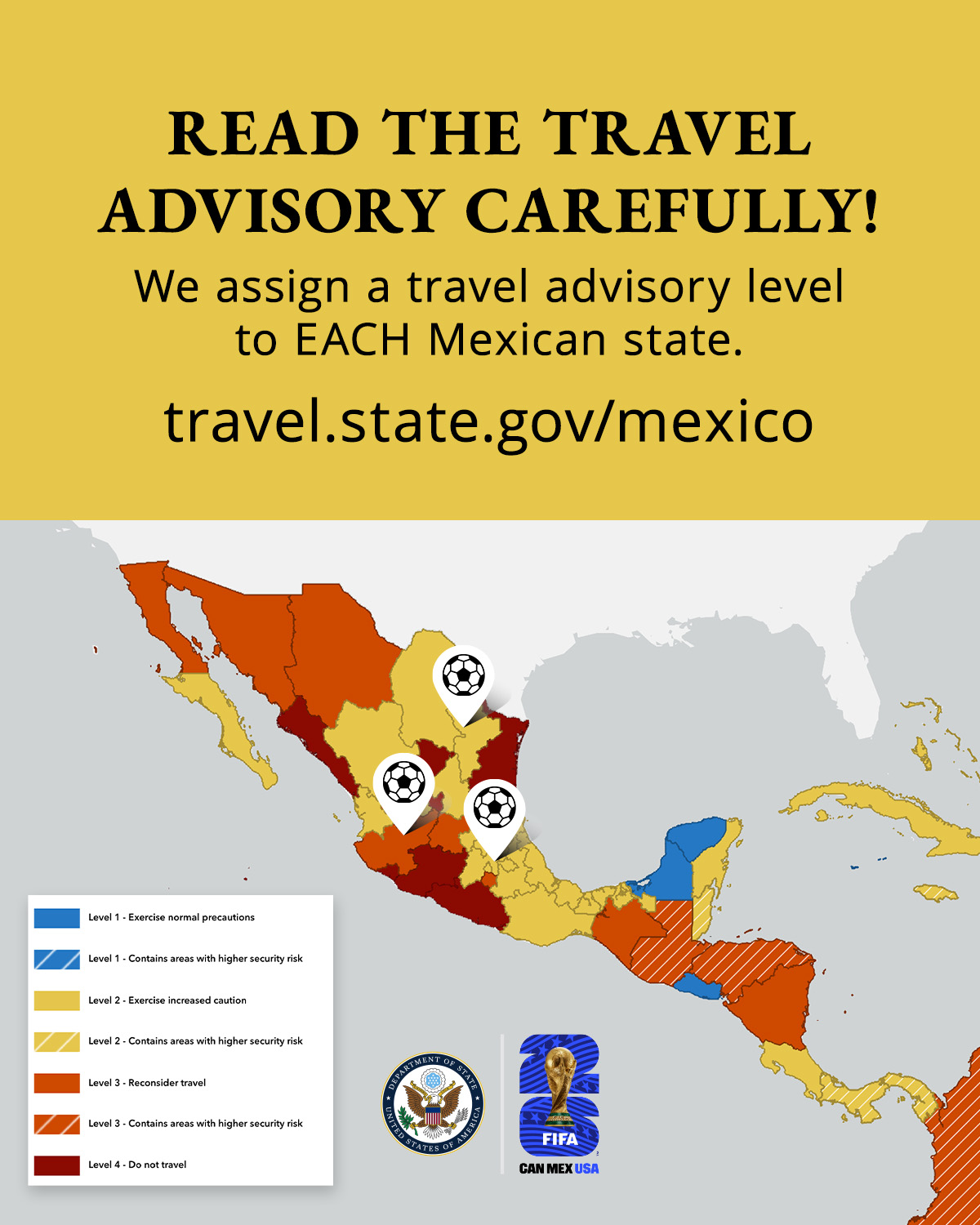 A horas del Mundial, EU saca mapa sobre violencia en México; exhorta no viajar a seis estados