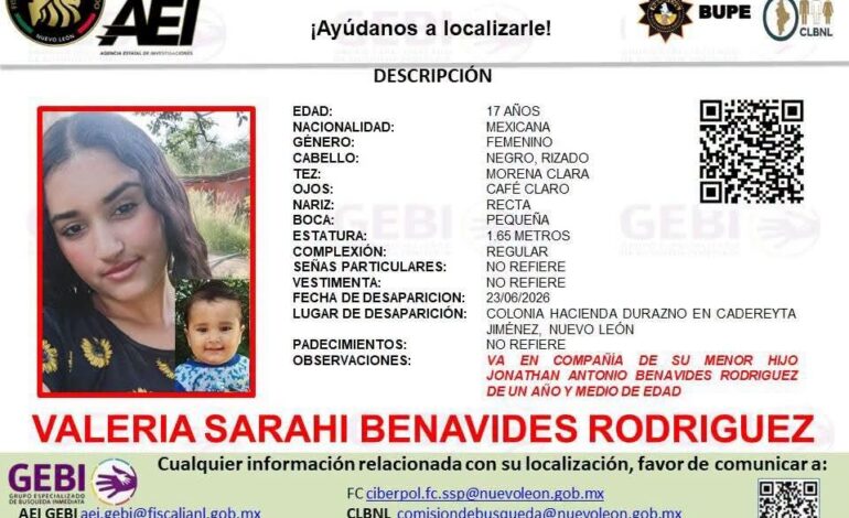 Buscan a mamá y bebé desaparecidos en Cadereyta