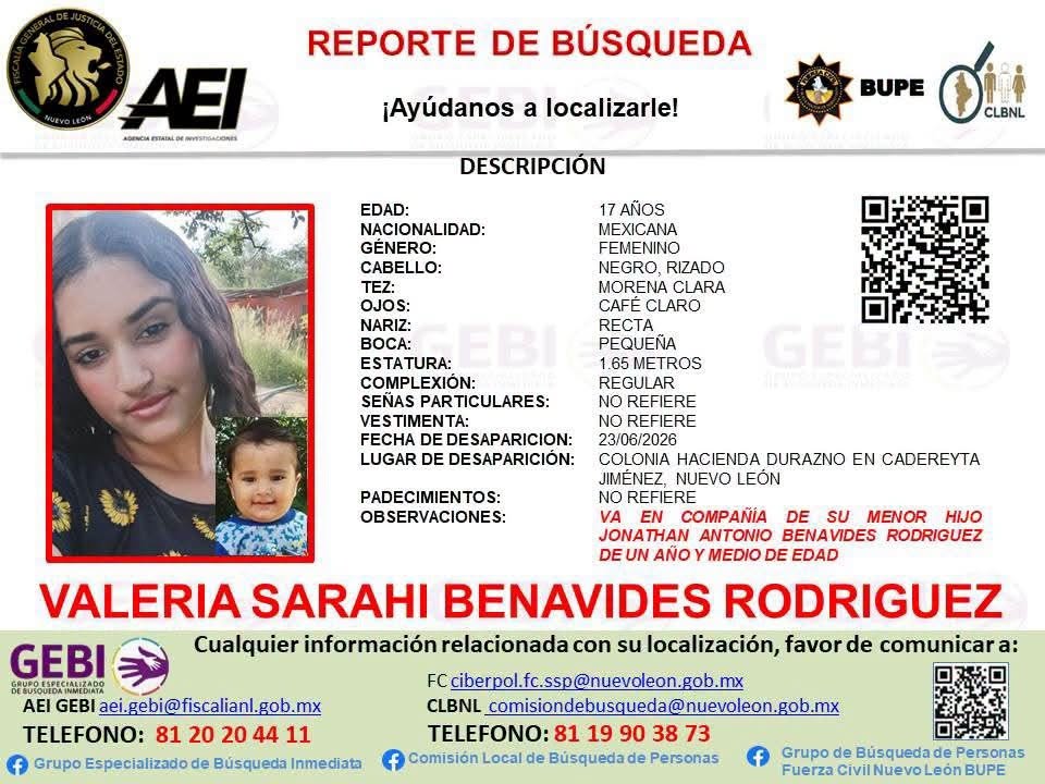 Buscan a mamá y bebé desaparecidos en Cadereyta
