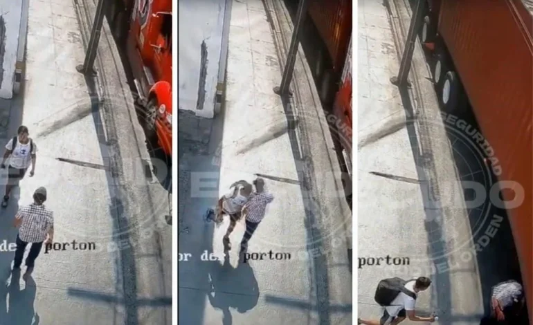 Video revela como un desgraciado empuja a adulto mayor al paso de tráiler y muere arrollado en Monterrey