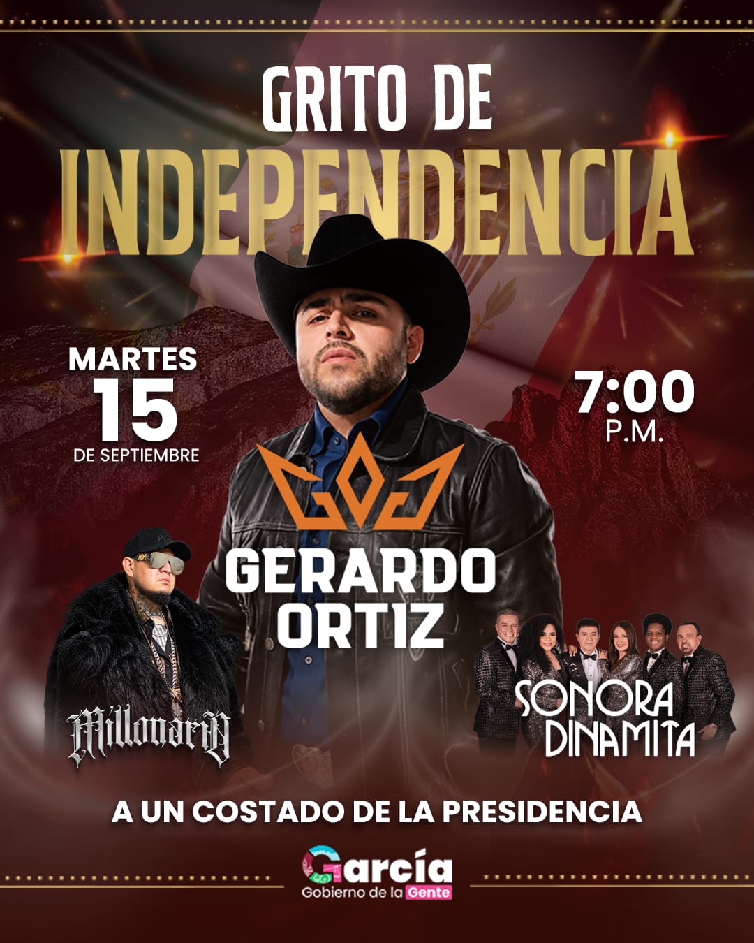 Invita García NL a dar el grito con Gerardo Ortiz, Millonario y la Sonora Dinamita