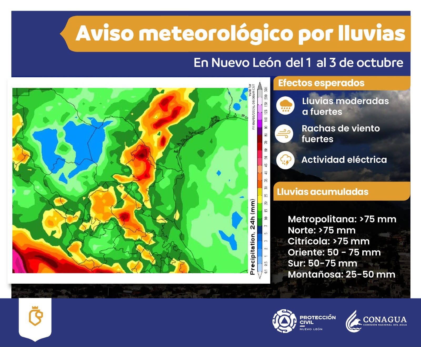Alerta PCNL por frente frío y lluvias fuertes